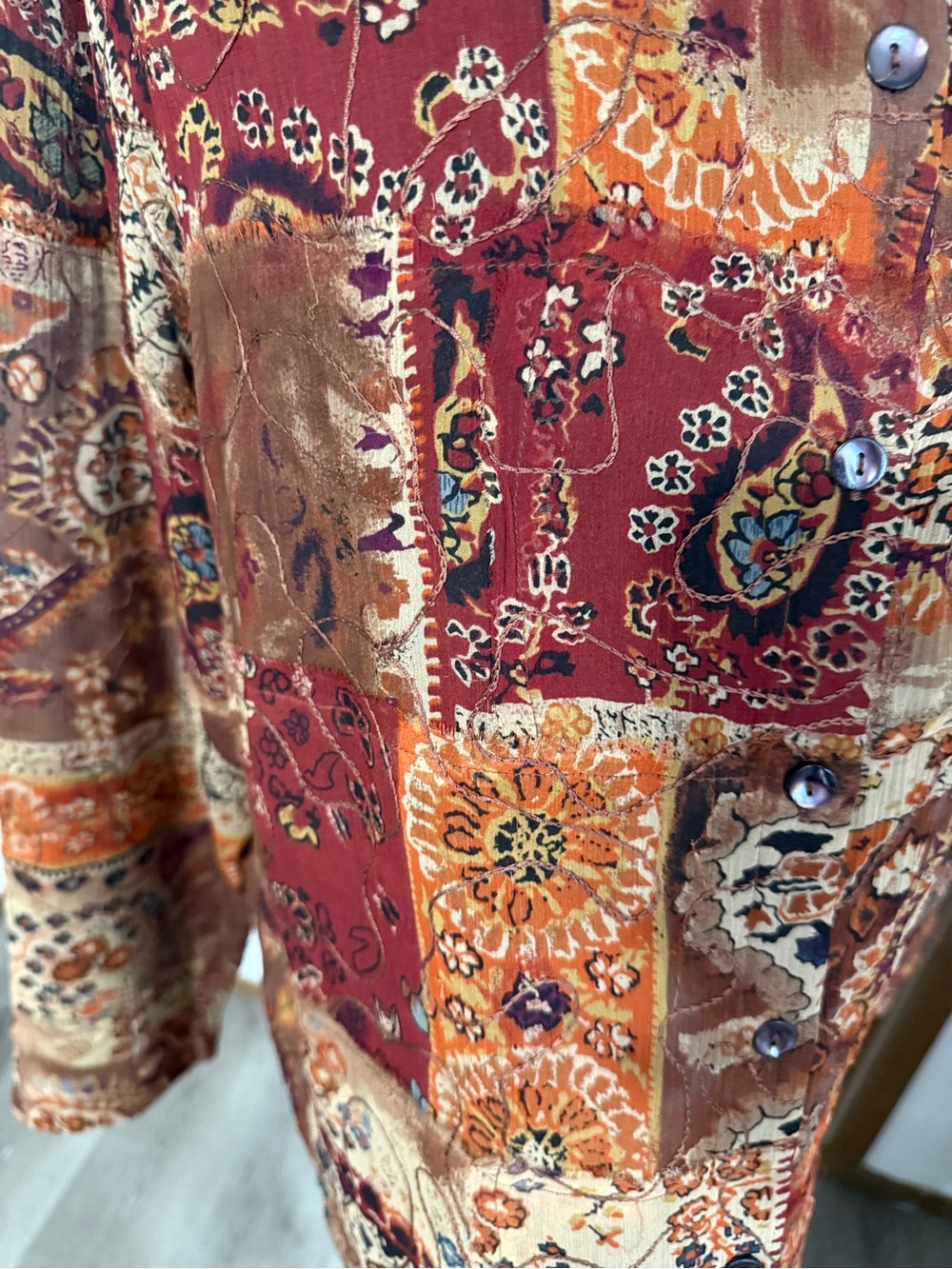 Chico’s Design Size 3 Silk Hooded Patchwork Boho Jacket Wearable Art M/L - Picture 6 of 10